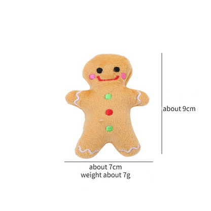 Gingerbread man plush toy on white background displaying size dimensions. 