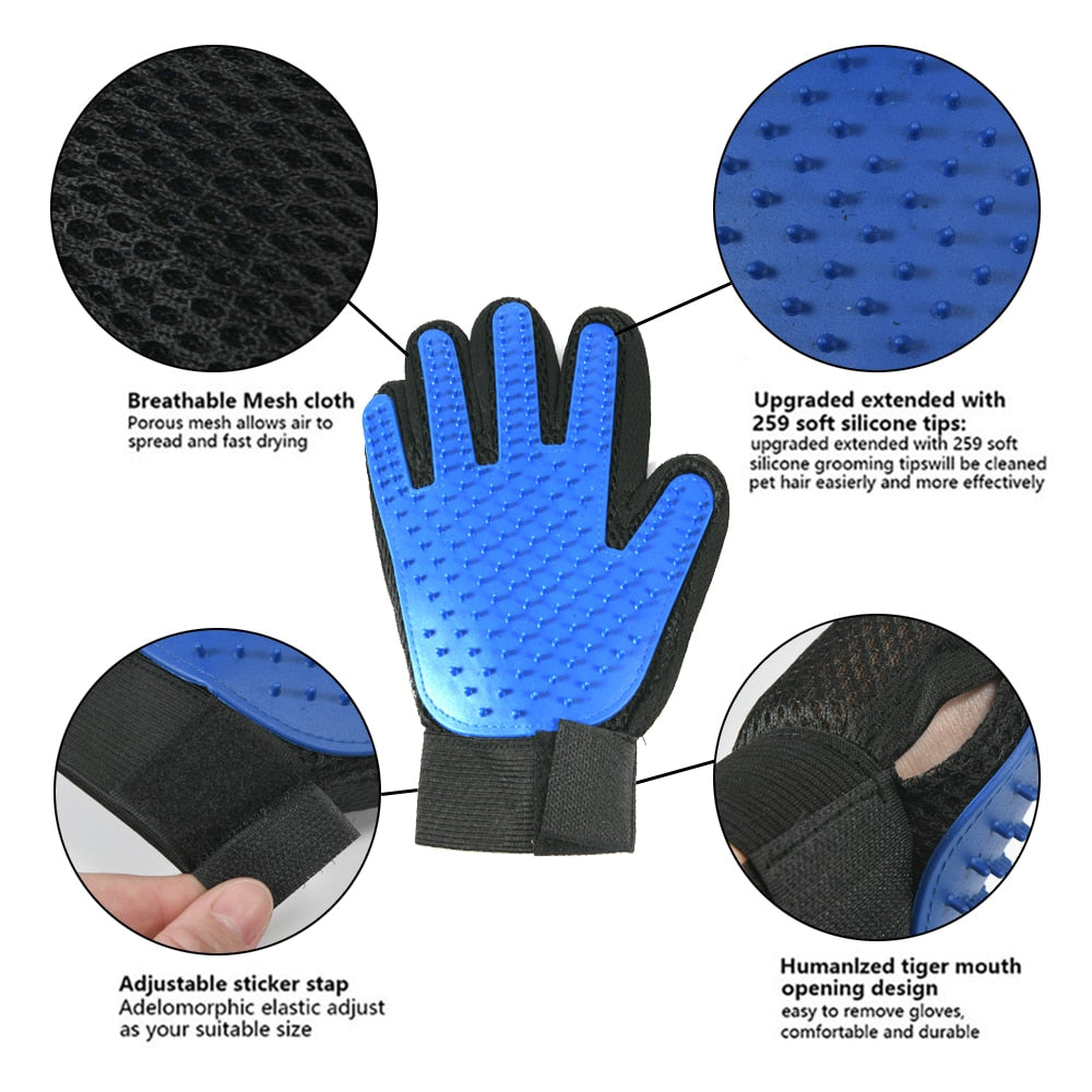 white background, blue grooming glove centre image. four insets surround the main image on a white background, showing features - breathable mesh cloth, silicone tips, adjustable strap and wrist strap. 