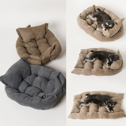 split image, white background. Image on left shows a brown and dark grey bed. Image on right shows a Schnauzer lying in the different styles of bed. 