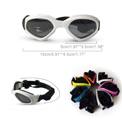 Shite rimmed sunglasses, front view, side view showing behind the head strap, six colors available. Dimensions are shown on the main image, front view, displaying  length of glasses and dimensions of lens. 