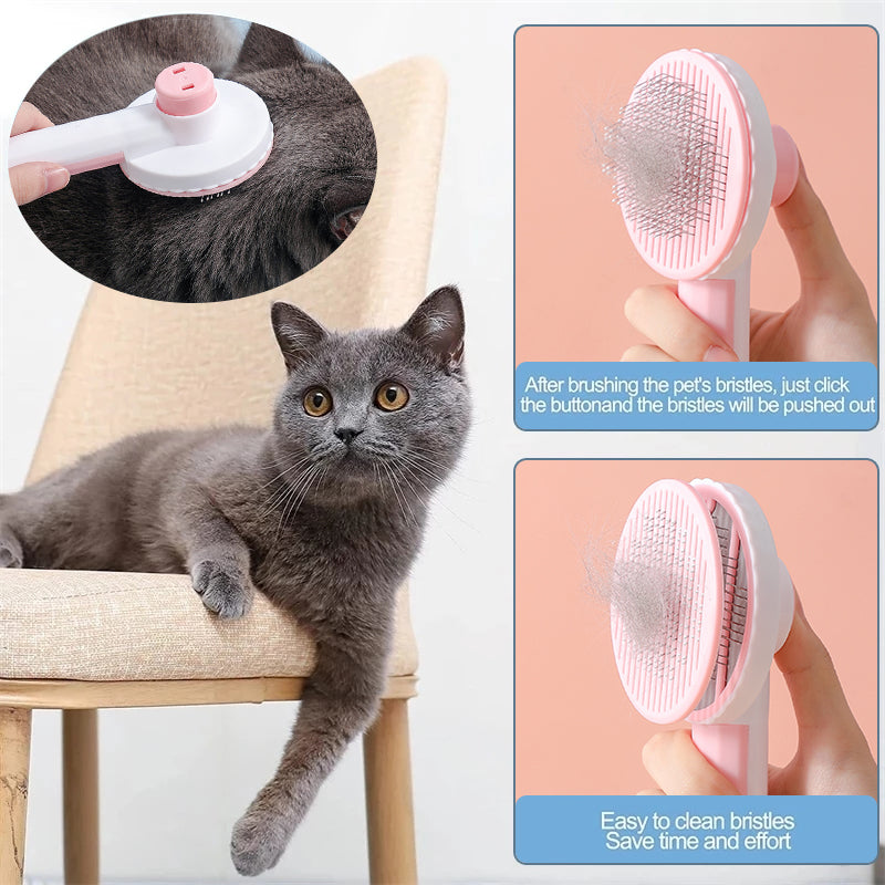 main image, white background, dark grey cat on beige chair. Inset above shows the brush in use on cat. two insets demonstrate to the release function of the brush. 