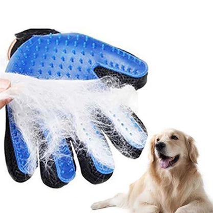 blue pet grooming gloves with hair attached on white background. a Golden Retriever sits in the foreground of the image. 