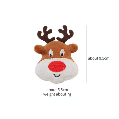 Reindeer plush toy on white background displaying size dimensions. 