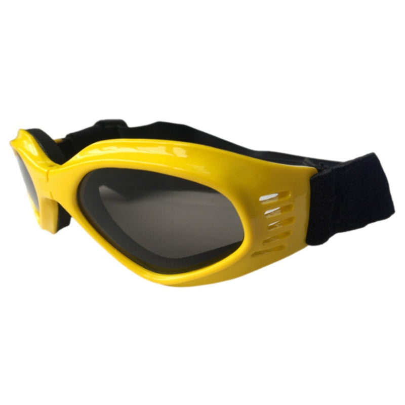 side view of yellow sunglasses, on white background