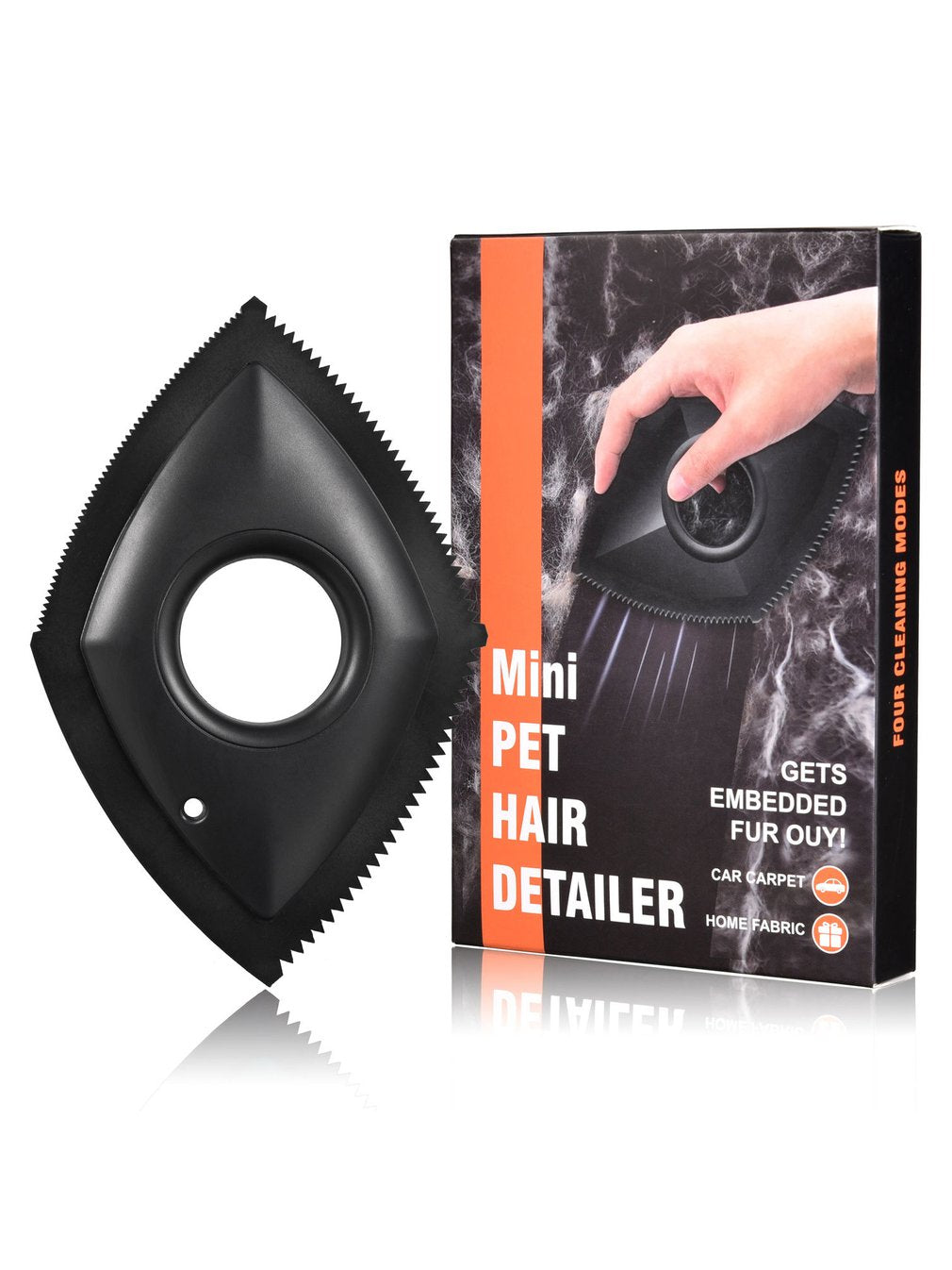 black Mini pet hair detailer, next to vertical product packaging on white background. 