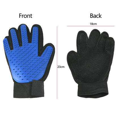 front and back view of blue grooming glove, white background, dimensions included. 