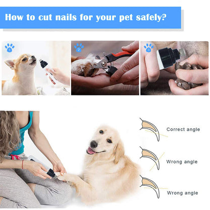 instructional guide to cutting pet nails safely. white background, four insets showing correct and wrong angles. close up image of traditional clippers, close up image of electric dog nail trimmers in use 