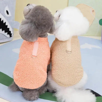 two little fluffy dogs, one white, one grey, sitting on the floor in a home setting, wearing two different colored sweaters. One apricot color and one beige. 