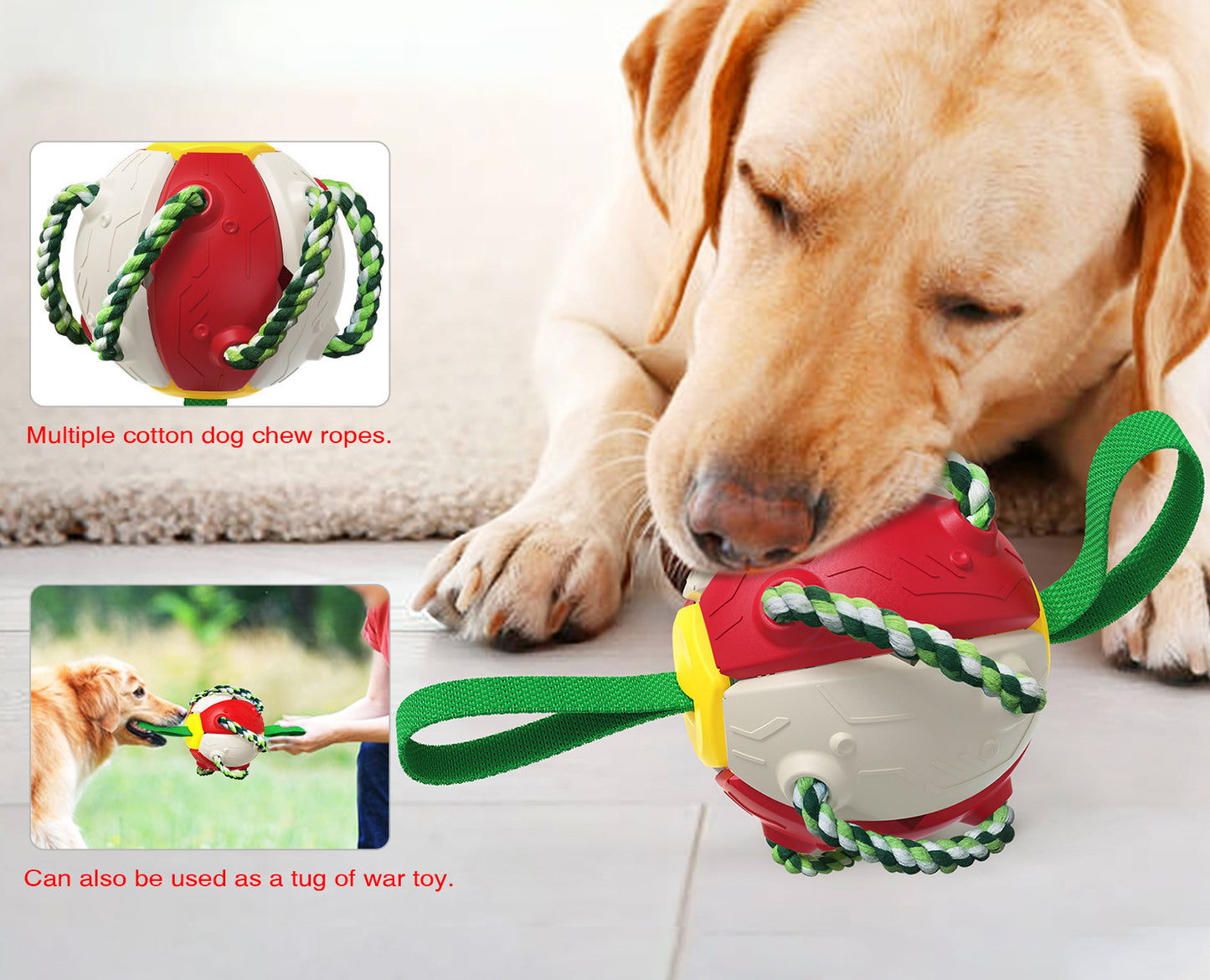 white background. main image shows Labrador chewing on the toy on a rug on the floor. two insets - close up shot of multiple ropes on the toy and of a dog playing tug of war with the toy and human. 