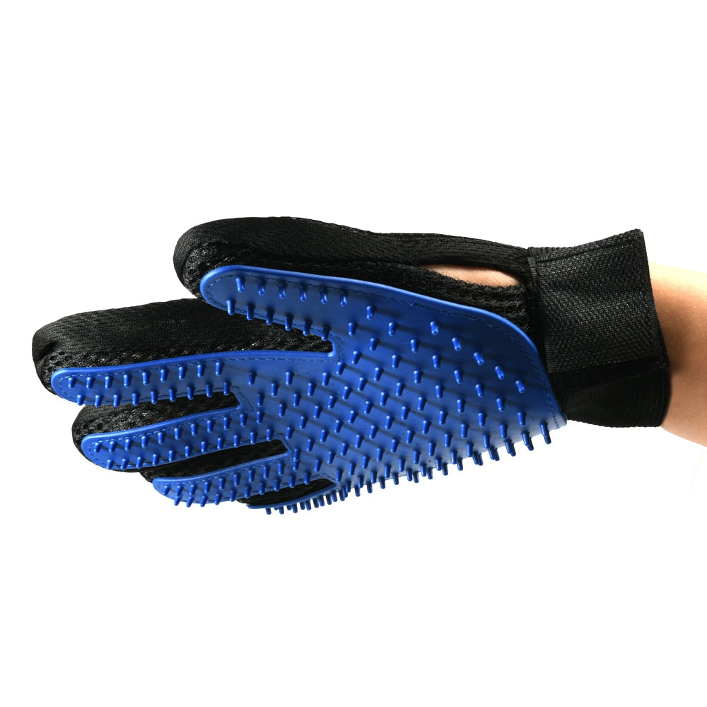 blue grooming glove on white background.  side view 