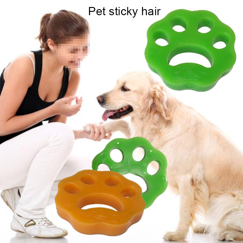 white background, a woman holds a sitting dog's paw. three devices are overlaid over the main image, showing two green and one orange device. 