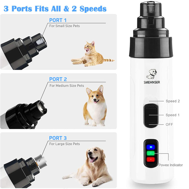 white background, image shows ports for different speed functions with three different pets for size comparison. Main image shows the unit standing vertical with arrows indicating function keys.  