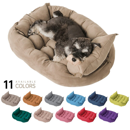 Schnauzer dog curled up in a brown haven pet bed, white background. Bottom of the page shows the eleven colors available. 