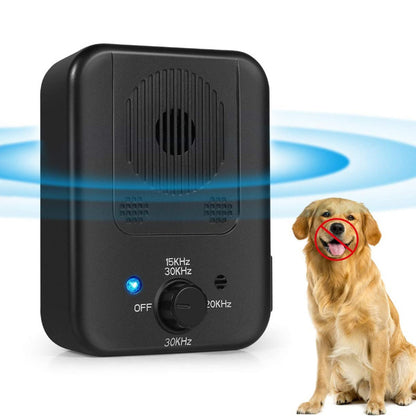 Black Ultrasonic Anti-bark device on white background. The device displays control buttons, speaker, and power light on the front. Rings are depicted around the device, representing ultrasonic beams. Additionally, a photo within the image shows a golden retriever in a sitting position, with a red circle with a line through it over its mouth.