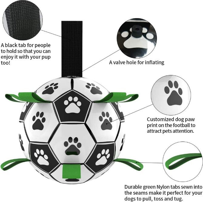 white background, main image shows interactive toy, insets show features such as black hand strap, valve hole for inflating, customized dog paw print and durable green nylon tabs for dog to grab hold of. 