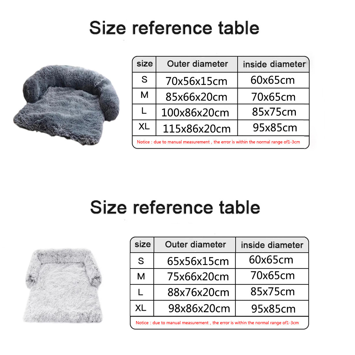 Size chart on white background, displaying two styles of beds. 