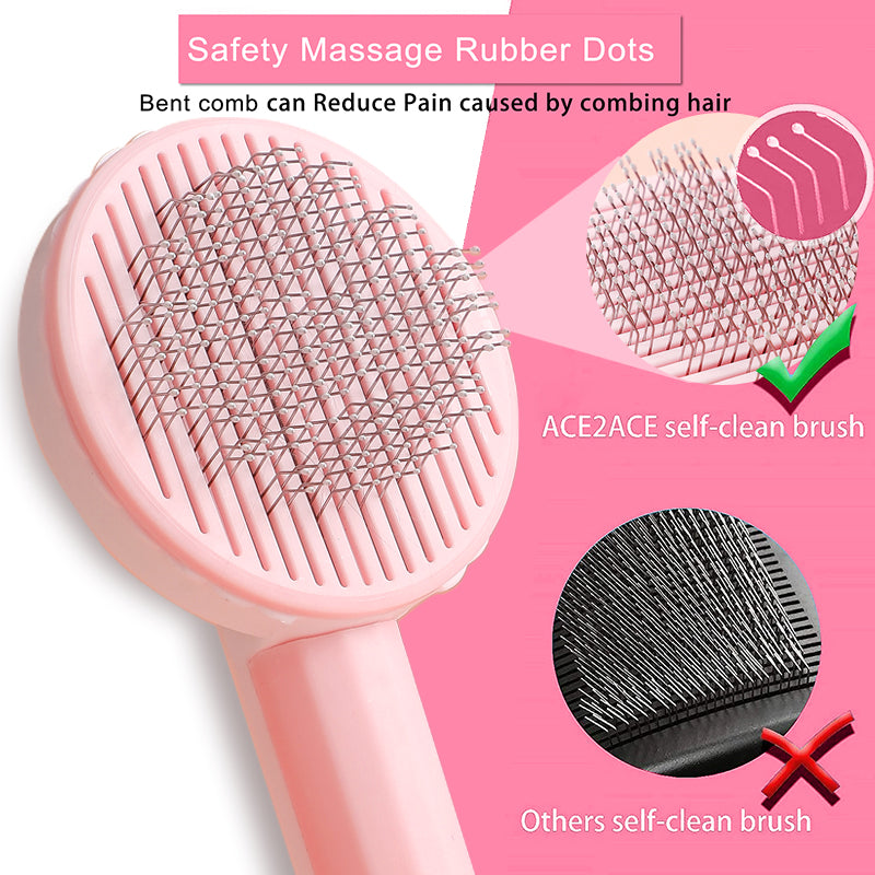 close up image of rubber dots at end of bristles to reduce pain when grooming. pink brush, split background, white and pink.  