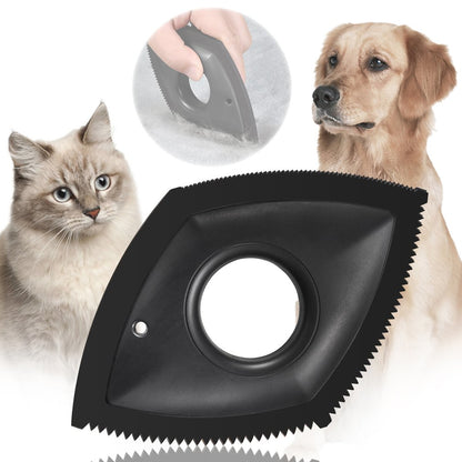 main image, white background, a dog and cat positioned on opposite sides of the image. A black pet hair detailer is pictured front and centre and a faded inset shows the product in action, collecting pet hair from a surface. 