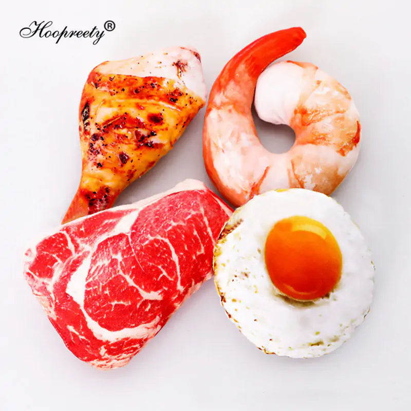 white background product shot of four varieties of meat inspired canvas toys