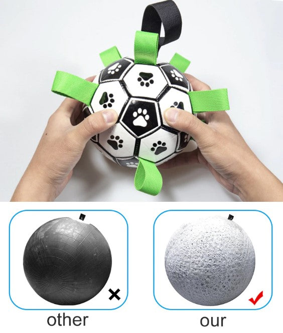 main image shows a persons hands holding the ball. two image insets below show the inside structure of the ball in comparison to another brand. 