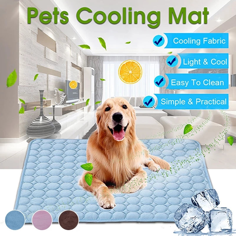 image showing a Golden Retriever on a blue mat in a home setting. there are ice cubes in the bottom right of the image depicting the cooling benefit of the mat. text shows features such as light and cool, easy to clean, simple and practical, cooling fabric. there are mint leaves and citrus slices in the air. Three color swabs show the colors available - blue, pink and brown. 