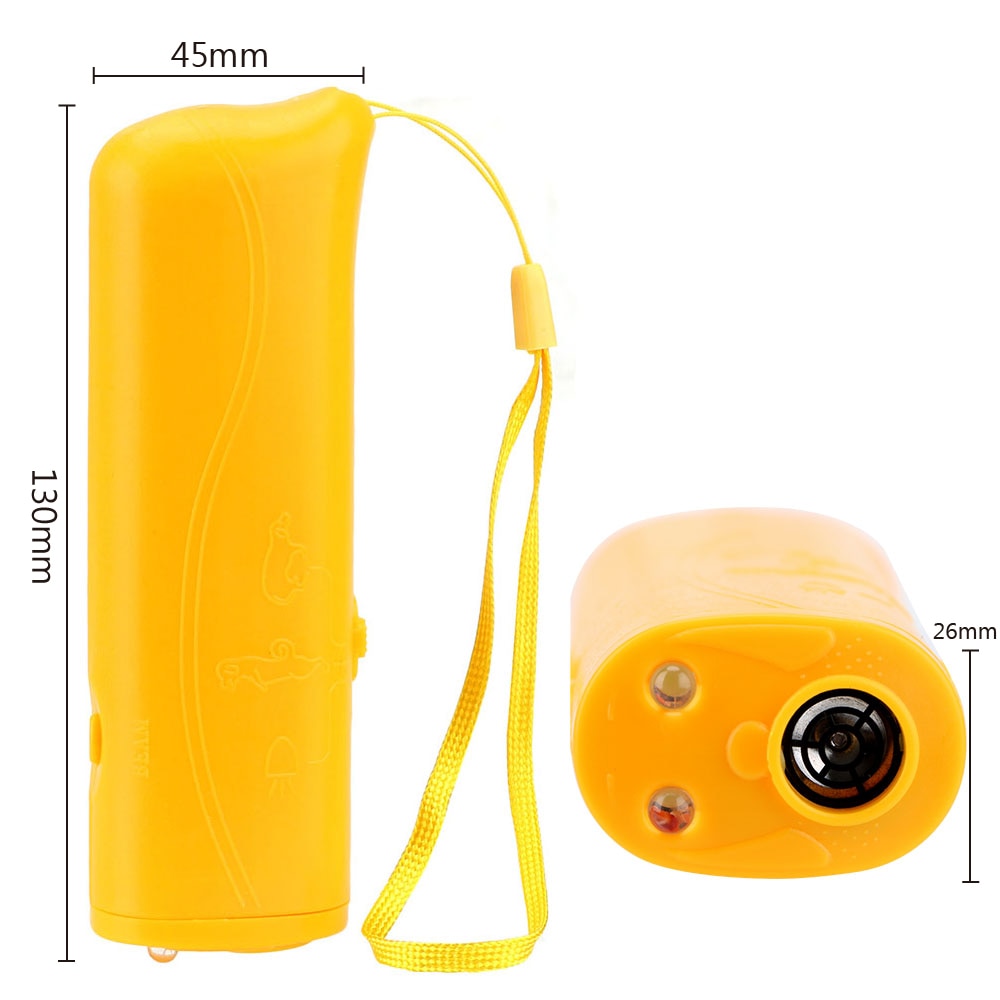 Two photos of a yellow hand-held device. The first photo shows the device standing vertically with dimensions displayed (45mm x 130mm). The second photo is a front view of the device, highlighting the torch feature, with dimensions showing the width as 26mm.