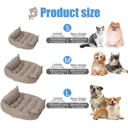 white background showing three sizes of the bed. Next to the small bed, a small dog and cat show size comparison. The Medium bed shows a small and a medium sized dog and the large bed shows a British Bulldog and a Corgi to indicate size. 