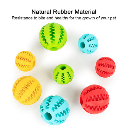 white background, two of each colored ball pictured empty of treats - red, yellow, blue, green. Text reads Natural Rubber Material - resistance to bite and healthy for the growth of your pet. 