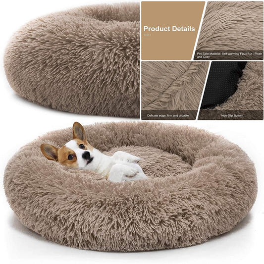 brown fluffy donut pet bed on white background, with a corgi pup lying on it's back inside. Inset shows features - non-slip bottom, pet safe material, etc.