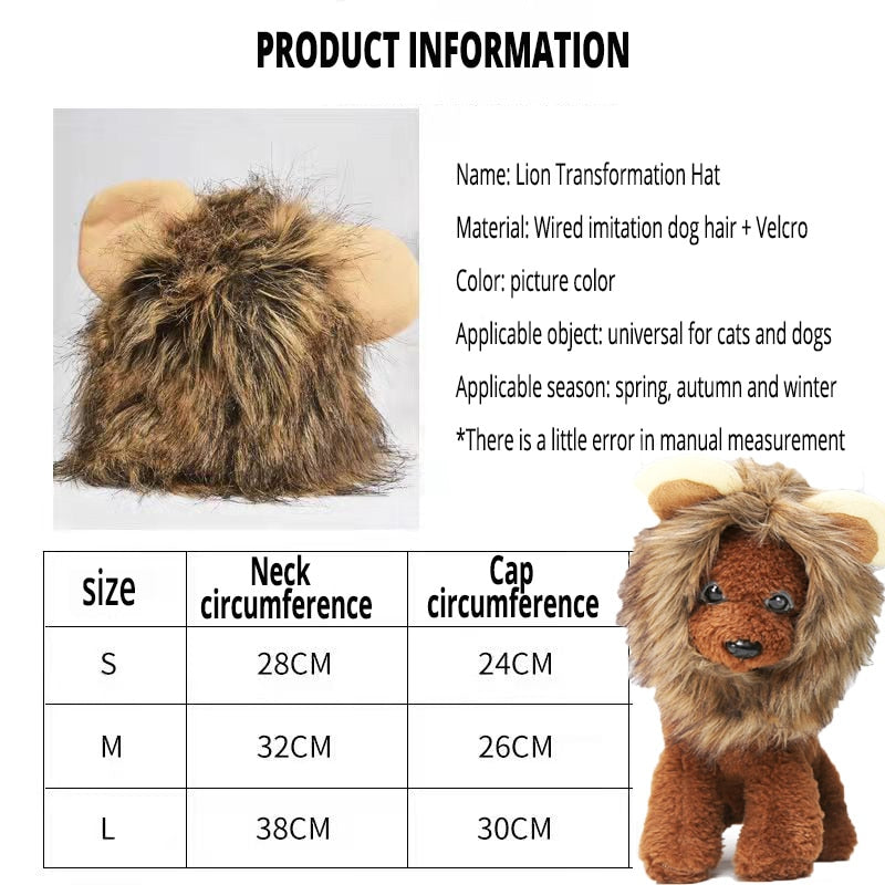 white background, size chart for small, medium and large lion costume. 