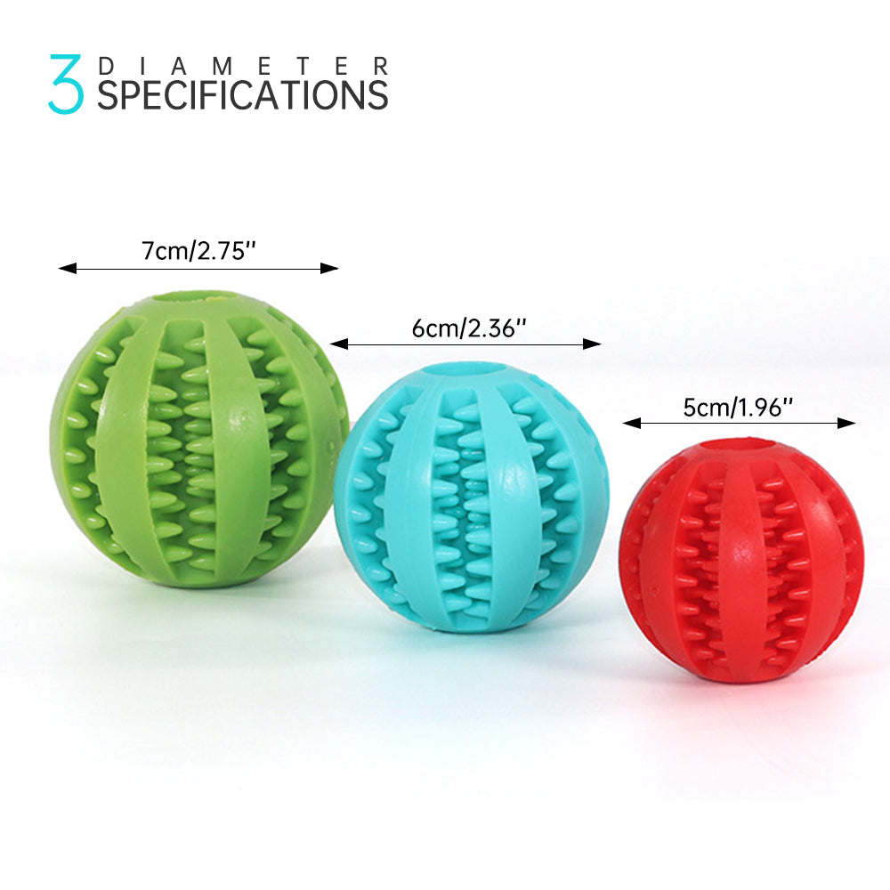 white background, image shows from left to right, green ball, blue ball, red ball with dimensions for each size above the ball image. 