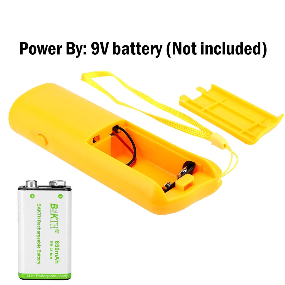 A yellow hand-held device with the battery cover opened and lying to the side, along with the wrist strap. The text 'Power by 9V battery (Not Included)' is displayed at the top of the image against a white background.