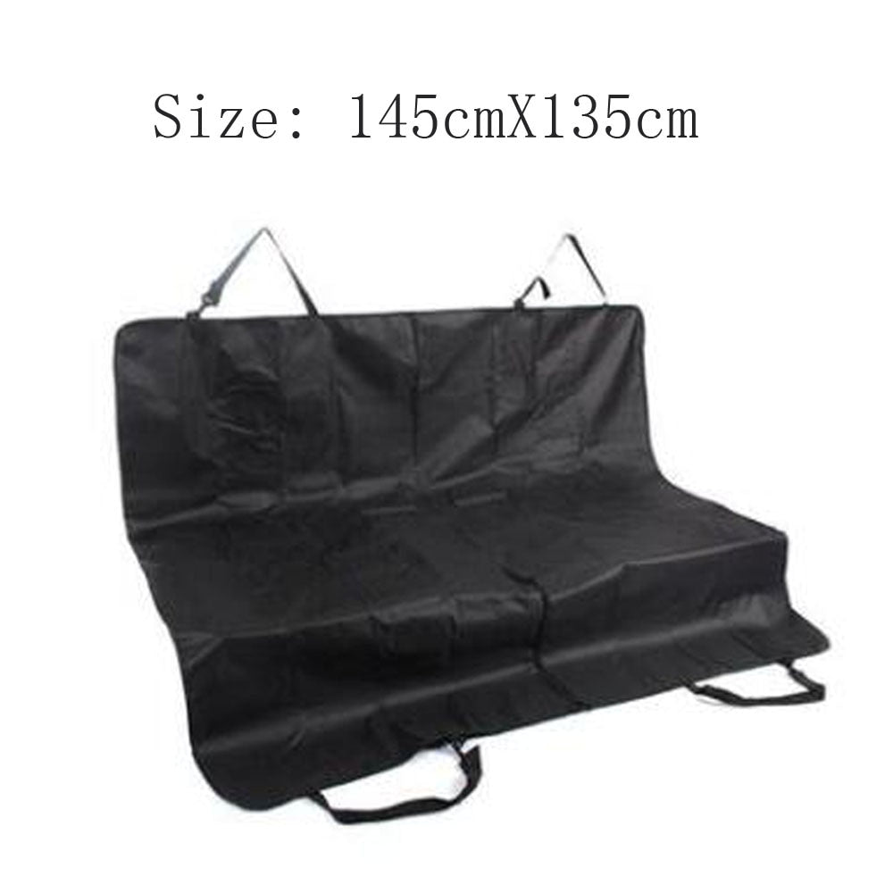 white background, black car seat cover, size dimensions and straps shown. 