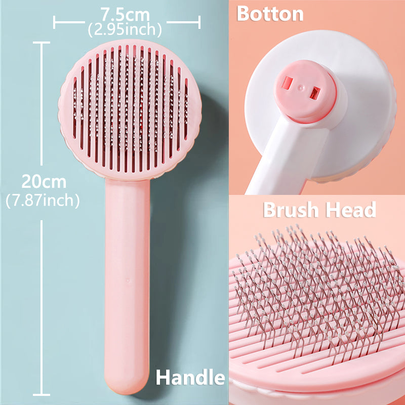 split image showing dimensions of pink brush, side angle and back view of release button. 