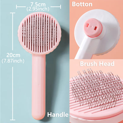 split image showing dimensions of pink brush, side angle and back view of release button. 