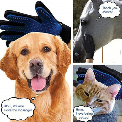 split image. left image shows a blue grooming glove in a hand, hovering over the dog's head. there is a speech bubble from the dog's mouth saying wow, it's nice. I love the massage. Top right image is of a glove being used on a grey horse's face, a speech bubble from the horse says thank you master. bottom right image shows a blue glove being used on a ginger tabby cat's head, with a speech bubble saying hmm, I love being petted. 