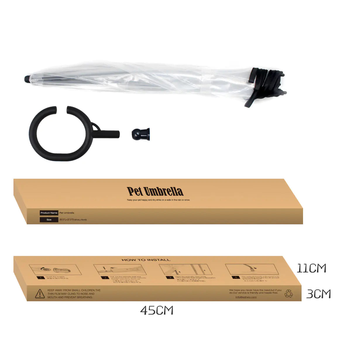 transparent pet umbrella packaging, packaging dimensions and contents on white background. 