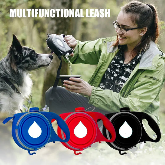 text at top of page reads multifunctional leash. A woman in outdoor clothing is pouring water from a black leash into a collapsible bowl. A medium haired dog watches her. Three images of the different color leashes are at the bottom of the page. The leash colors are blue, red and black. 