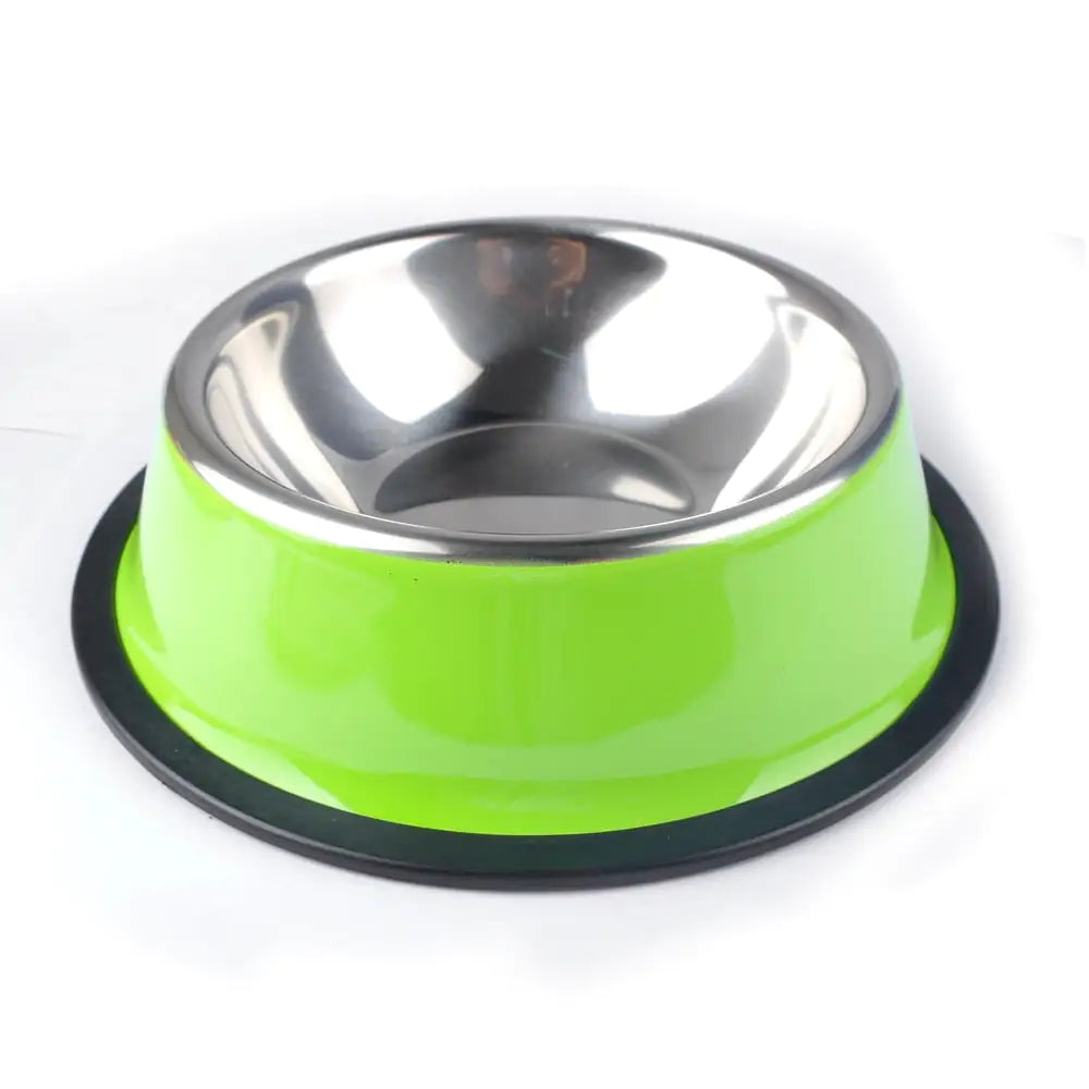 green stainless steel pet bowl with non-slip base