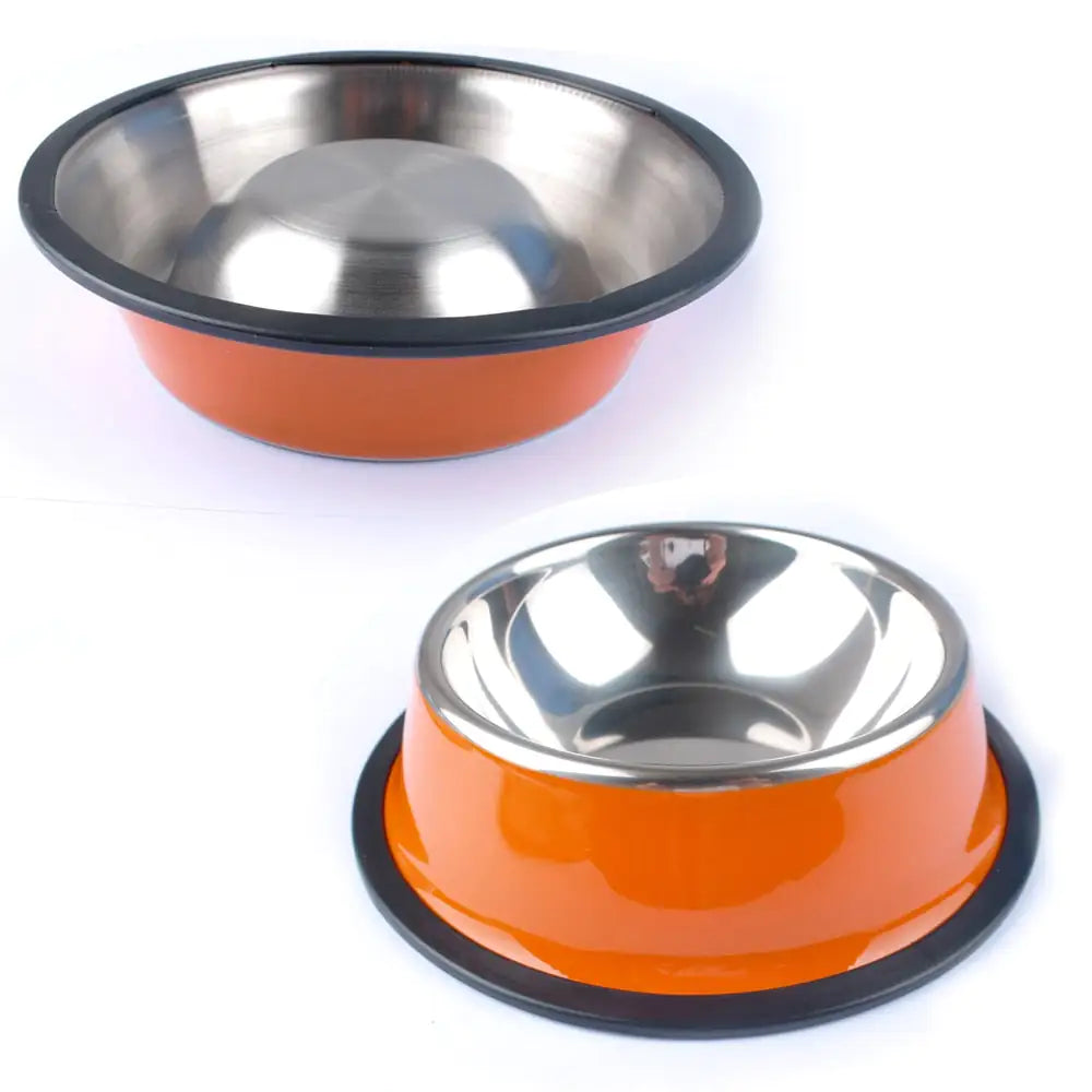 orange dog bowl in two positions on white background. One bowl is upside down, showing the rubber non-slip ring on the bottom of the bowl. 