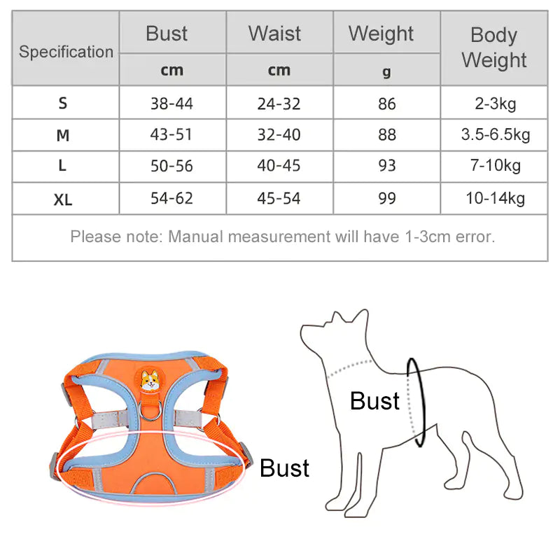 white background, size chart, outline of dog below showing a circle around the bust, and an orange harness image with a circle showing the bust area on the harness. 