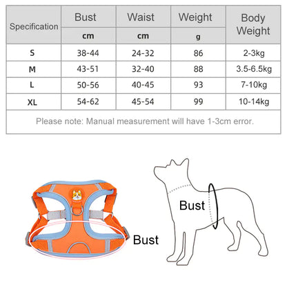 white background, size chart, outline of dog below showing a circle around the bust, and an orange harness image with a circle showing the bust area on the harness. 