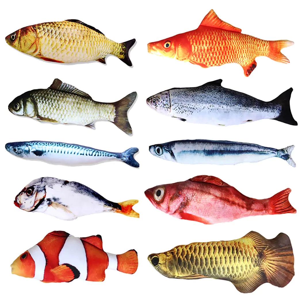 white background, ten different fish species images, depicting the styles available. 