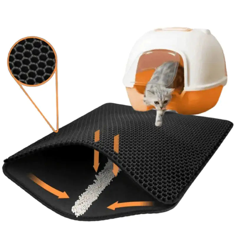 white background, main image shows a silver kitten coming out of an orange and white litter box, stepping onto the litter mat. The image of the mat shows the layers, with litter trapped in the middle layer. inset shows close up of honeycomb design of top mat. 