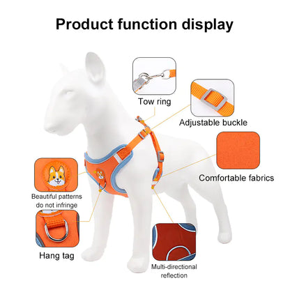 white background. white mannequin dog wearing orange harness. arrows point to insets showing features such as tow ring, adjustable buckle, comfortable fabrics, beautiful patterns, hang tag and multi-directional reflection strips. 