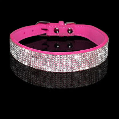 Rose rhinestone pet collar, black background. 