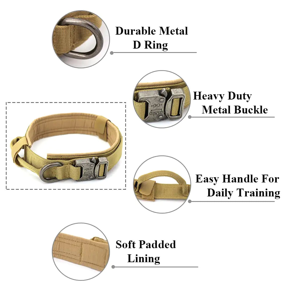 brown collar on white background, four inset images of metal D ring, heavy duty metal buckle, easy handle for daily training and soft padded lining. 