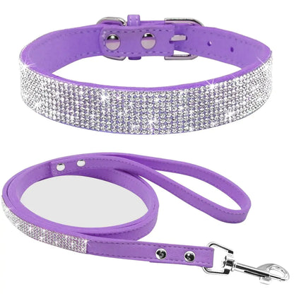 purple rhinestone pet collar and leash set on white background. 