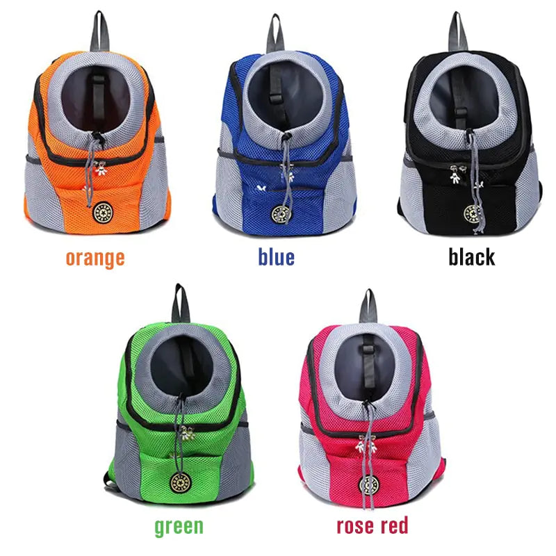 five products of available colors - orange, blue, black, green and rose red backpacks on white background. 