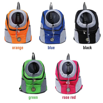 five products of available colors - orange, blue, black, green and rose red backpacks on white background. 